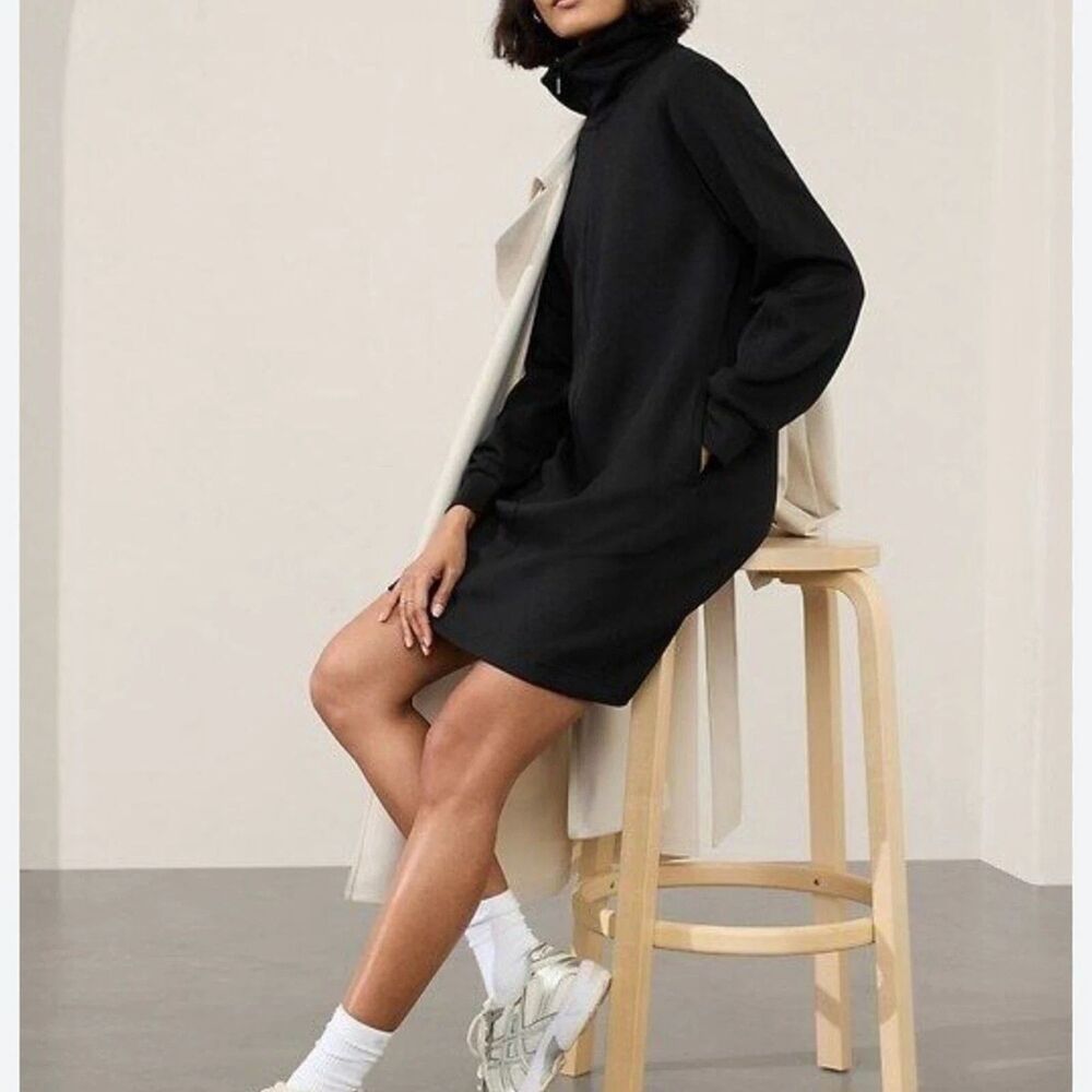 Athleta Allure 1/4 Zip Dress Large Black Casual Athleisure Pocket Mock Neck NWT